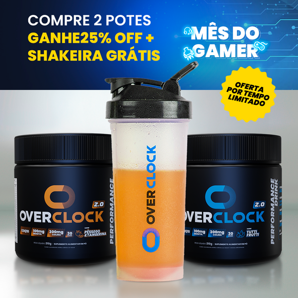 Kit Duplo Overclock 2.0 Potes 420g com Shaker GRÁTIS Concentração Energia Performance