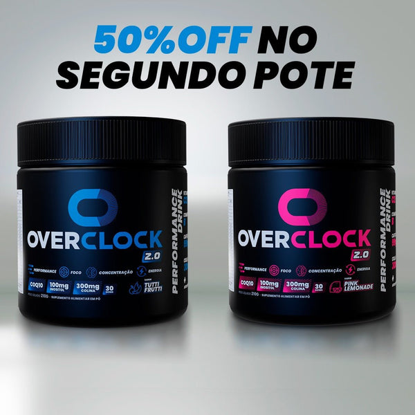 Kit Duplo Overclock 2.0 Foco Energia Performance 420g - 50% OFF no segundo pote | DESCONTO APLICADO AUTOMATICAMENTE NO MOMENTO DO PAGAMENTO